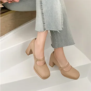 Класически дамски обувки Mary Jane японски стил кръгла глава плътен цвят високи токчета мода парти рокля обувки Zapatos Para Mujeres