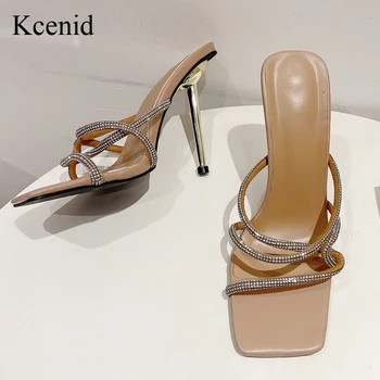 Kcenid Нов модерен квадратен пръст метал високи токчета помпи кристал чехли лято мода приплъзване на слайдове жени мулета парти обувки