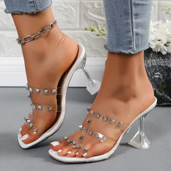 Open Toe Голям размер Модни дамски обувки 2023 Бежови сандали на ток Peep Big Luxury Black Plastic Comfort High Summer Sexy Girls