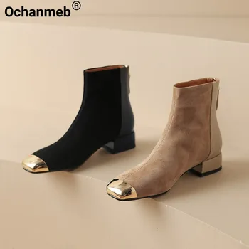 Ochanmeb Дамски голи детски велурени ботуши Метални Toecap Medium Block Heels Глезена Bootie Естествена кожа Дамски обувки с цип 42 Есен