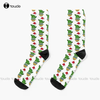 Сладък кактус дизайн #322: Кактус с шапка на Дядо Коледа в купа чорапи реколта цвете модел сладък модел смешно есен карикатура ретро