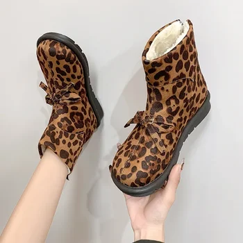 Леопард печат модел глезена ботуши дамски обувки мода секси кожа велур плосък едноличен къси ботуши жена плюс размер 43 Bowknot сняг ботуши