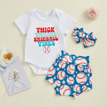 новородено бебе момиче бейзбол облекло писмо печат гащеризон бейзболни шорти комплект лента за глава 3бр бебе летни дрехи