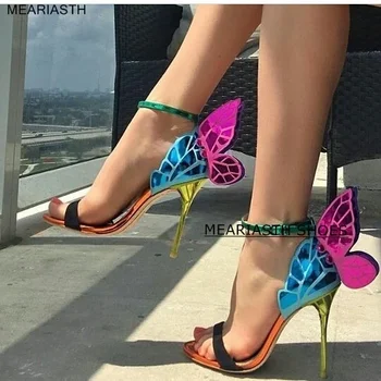 смесени цветове пеперуда крила жени сандали PU кожа мода катарама отворени пръсти жена помпи високи токчета платформа дамски обувки