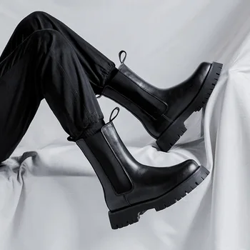 мъже мода висок комин ботуши черни обувки от естествена кожа сцена нощен клуб рокля платформа челси обувка дълъг мотоциклет botas човек