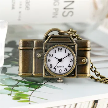 Реколта бронзова камера форма арабски цифри дисплей кварцов джобен часовник мини висулка часовник Fob пуловер верига подаръци за деца