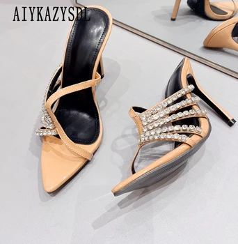 AIYKAZYSDL Кристал кристал изрязани чехли външни обувки заострени отворени пръсти Strappy пързалки мулета висок ток stiletto помпи 2024