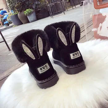 Мода изкуствена кожа зимни снежни ботуши Дамски плоски пети глезена ботуши Rhinestone заек ухо памучни обувки топли жени ботуши WSH4263