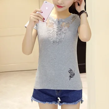 Пролет и лято нова корейска дамска дантела куха тениска плътен цвят голям размер къс ръкав памук тениска