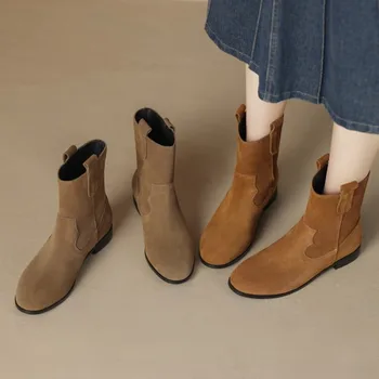 2023 Жените глезена ботуши велур кожа кръг Toe приплъзване на ботуши офис дама есен зима меки обувки за женски ретро Botas Mujer