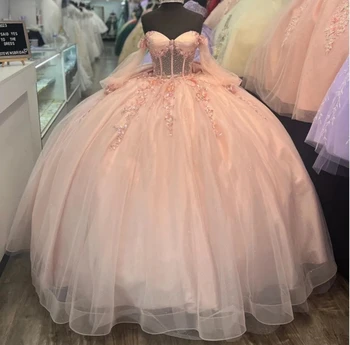 Розова принцеса Quinceanera рокли топка рокля дълги ръкави тюл апликации сладки 16 рокли 15 Años мексикански