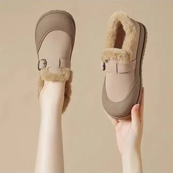 Faux кожа зимни глезена ботуши за жени 2024 Non хлъзгащи плюшени сняг ботуши жена дебело дъно топли памучни обувки платформа Botas Mujer