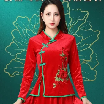 Cheongsam Дамски плюс размер къси върхове 2024 есенна мода кадифе бродерия стойка яка китайски стил Qipao кльощава ризи жена