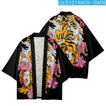 Карикатура тигър флорални печатни Harajuku Streetwear косплей кимоно летни мъже японски традиционна жилетка Haori дамски ризи