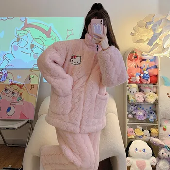 Sanrio Hello Kitty Pochacco Дамски цип пижама комплект Y2K зимни корали кадифе удебелени топло домашно облекло подаръци за момичета