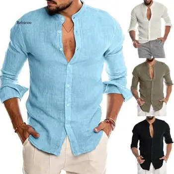 2022 Ново памучно бельо Горещи продажба на мъжки ризи с дълъг ръкав Летни плътен цвят стойка яка случайни плаж стил