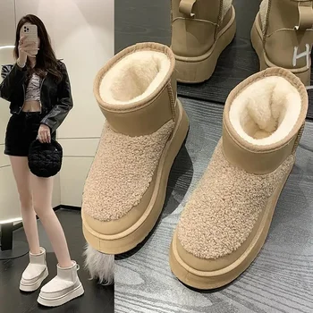 Снежни ботуши за жени Зимни руно облицовани 2023 Нова мечка прозрачен топъл хляб памучни обувки къси ботуши S