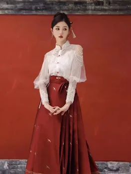 Реколта ханфу кон лицето пола жени китайски традиционен ханфу стойка яка жилетка риза червени плисета пола MaMian