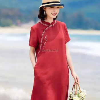 2023 Китайски червени жени хлабав случайни подобрени cheongsam рокля лято нов къс ръкав памук бельо бродерия qipao рокля s494