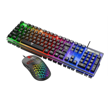 Механично усещане Гейминг 104 клавиша клавиатура & 7 бутона Rainbow подсветка мишка комбо за игра и работа ергономичен 3200dpi