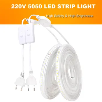 AC 220V Eu Plug In LED ленти светлина SMD 5050 60LEDS/M IP65 Водоустойчива градина Начало Всекидневна Кухня Гъвкава въжена лента лампа