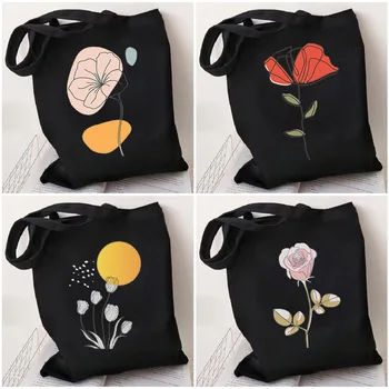 Abstract Ботанически флорални тропически листа Линия изкуство цвете печат чанта печатни жени пазаруване дама рамо черно платно чанта