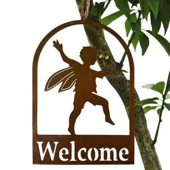 Rust Metal Angel Boy Welcome Ornament Metal Welcome Sign For Fence Welcome Door Signs Indoor Outdoor Home Decor Perfect For