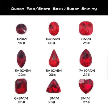  Нов 50pcs супер блестящ остър дъното кралица червен цвят най-високо качество нокти изкуство стъкло кристал кръгла / овална / квадратна / капка / сърце форма