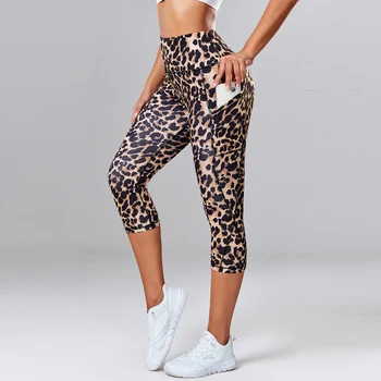 Леопард печат Capris гамаши Дамски йога панталони с висока талия със странични джобове Фитнес зала Бързо сушене Спортни чорапогащи Фитнес облекло
