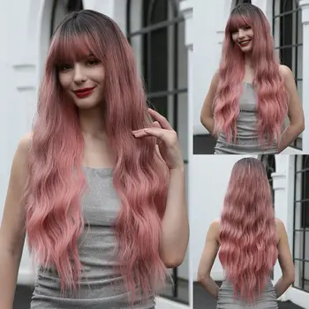 Ombre Pink Long Wavy Wig Synthetic Pink Cosplay Lolita Wigs for Black Women Body Wave Natural Hair Party Daily Heat Resistant