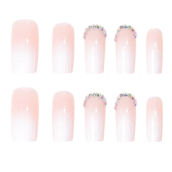 Pink White Gradients Square Fake Nails Full Cover Square Artificial Nail Tips for Shopping Traveling Dating