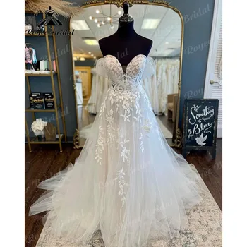 Роба гражданска дантелена сватбена рокля с къс ръкав от рамото 2024 Скъпа врата принцеса булчинска рокля по поръчка Roycebridal