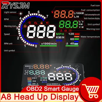 A8 OBD2 HUD кола главата нагоре дисплей LED предното стъкло проектор скоростомер MPH KM / H RPM метър вода температура скорост напрежение аларма гориво икона
