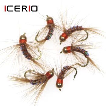 ICERIO 6PCS Месинг топчета главата полски вариант нимфа мухи пъстърва муха риболов примамка 12#