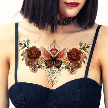 водоустойчив временен стикер за татуировка Секси роза цвете флаш Tatoo фалшив Tatto боди арт на гърдите гърдите обратно кръста за момиче жени