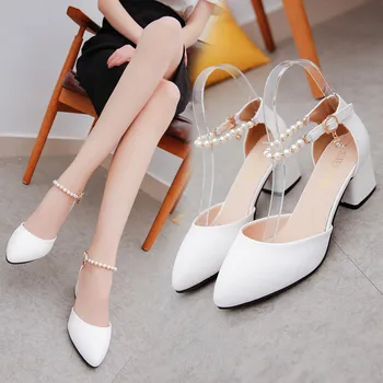 Луксозни помпи жени сватба булката пролет лято женски обувки плитки сандали Baotou груб с 6 см високи токчета дебел среден ток