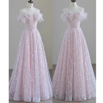 Сладки розови пера официални вечерни рокли Нова лодка врата пайети парти рокля луксозна quinceanera лъскава рокля vestidos роба