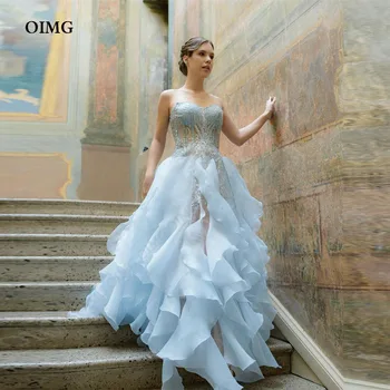 OIMG Небесносини дантелени къдри Абитуриентски рокли Елегантна линия Апликации с пластове по поръчка Вечерна парти рокля без ръкави Vestidos De Noche