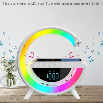 Голям G седем цветен Bluetooth високоговорител, безжично зареждане атмосфера светлина, нощен будилник, малка нощна светлина