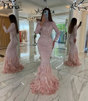 Дубай Руж розови вечерни рокли с дълъг ръкав Мъниста 2024 Луксозни русалка знаменитост рокли Официални рокли за повод по поръчка