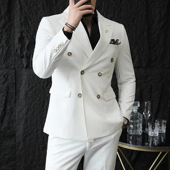 2023 Двуреден костюм от висок клас M-5XL (костюм + панталон) Стилен и красив тренд корейски тънък плътен цвят костюм от две части комплект