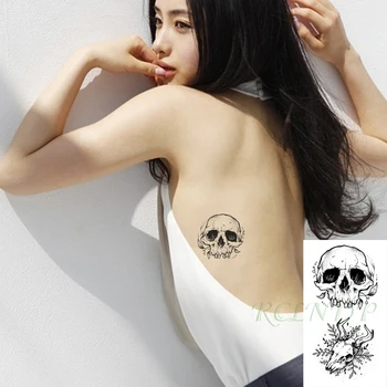 Водоустойчив временен стикер за татуировка Черен череп цвете флаш Tatoo фалшив Tatto ръка ръка врата боди арт за жени мъже