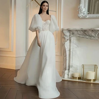 Органза Сватбени рокли 2024 Сладки буфан ръкави Булчински рокли Дантелени апликации Перли с пайети A-Line Vestidos de Novia