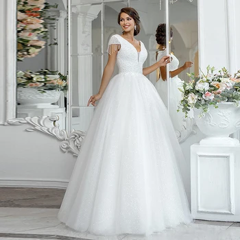 Красива блестяща тюл бяла сватбена рокля за булката пискюл дължина на пода топчета булчински рокля дантела нагоре плюс размер vestidos de novia