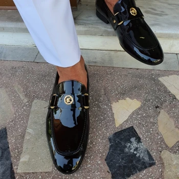 нов черен мокасини мъжки приплъзване кръг пръсти мода мъжки обувки безплатна доставка Сватбени обувки за мъже размер 38-47