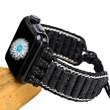 Ръчно изработена вулканична лава каменна тъкана гривна за Apple Watch Strap Men Луксозна верига за часовници за серия IWatch 6 5 4 3 SE 7 Band