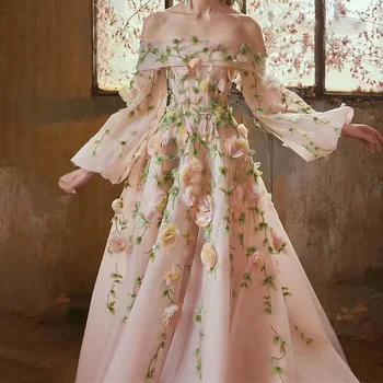 3D цветя Дълги абитуриентски рокли за жена Без гръб Дължина на пода A-Line Sweep влак Вечерно парти Официален повод Сватбена гала 2023