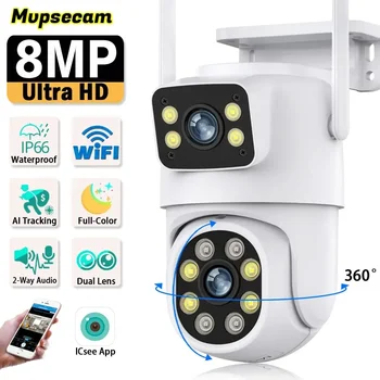 8MP камера за наблюдение WiFi външна водоустойчива безжична камера за сигурност Защита на сигурността с двоен обектив IP камера AI Track ICsee