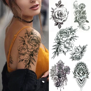 Миеща се роза Временни татуировки стикер за жени момичета боди арт ръка татуировка фалшив самозалепващ се черно цвете цвят Tatoos декор