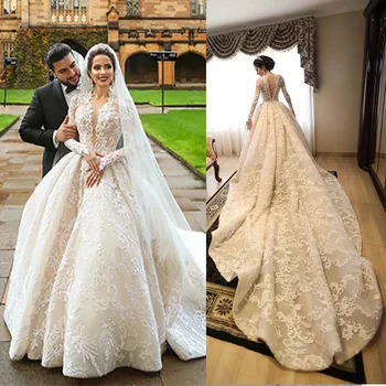 Нова персонализирана красива линия сватбени рокли високо деколте дълъг ръкав етаж дължина почистване влак кристал апликация дантела дълго илюзия
